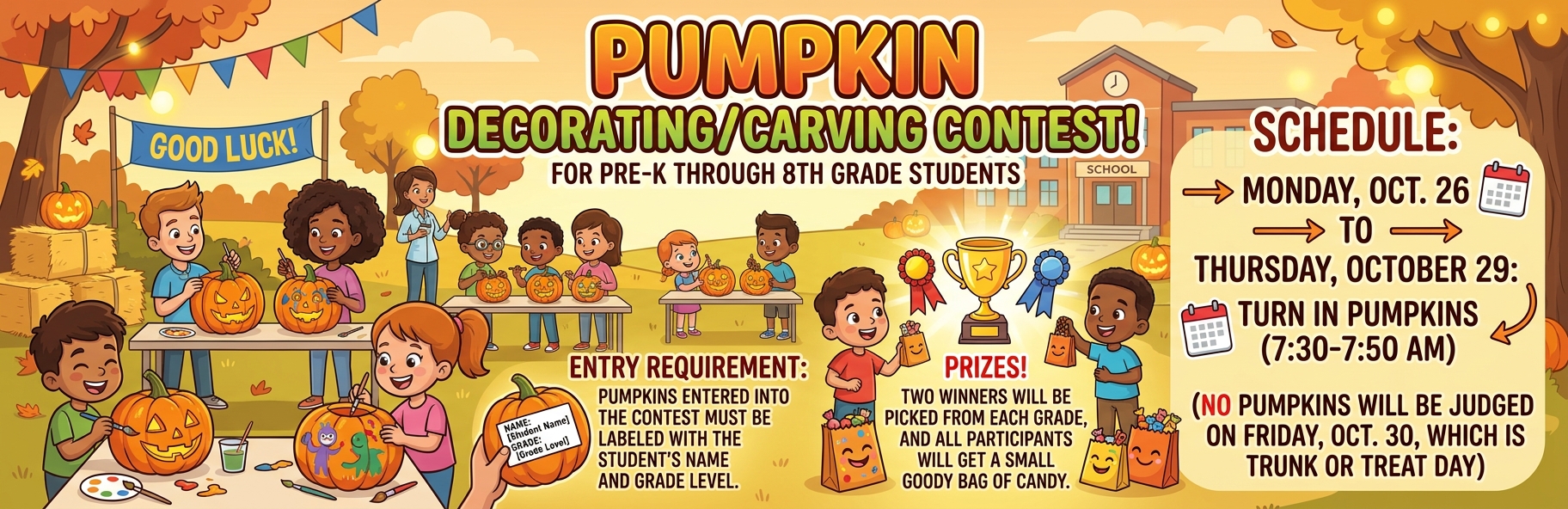 An autumn-themed cartoon banner advertising a Pumpkin Decorating/Carving Contest for Pre-K through 8th Grade students. The central illustration shows children outdoors at tables painting and carving pumpkins in front of a school building, under colorful bunting banners and fall foliage. Informational sections outline entry requirements, schedule details, and prizes.  Pumpkin Decorating/Carving Contest! For Pre-K Through 8th Grade Students  Schedule Drop-off Dates: Monday, Oct. 26 – Thursday, October 29  Drop-off Time: 7:30 AM – 7:50 AM (Turn in pumpkins)  Important Note: NO pumpkins will be judged on Friday, Oct. 30, which is Trunk or Treat Day.  Entry Requirement Pumpkins entered into the contest must be labeled with the student's Name and Grade Level.  Prizes! Two winners will be picked from each grade.  All participants will receive a small goody bag of candy!