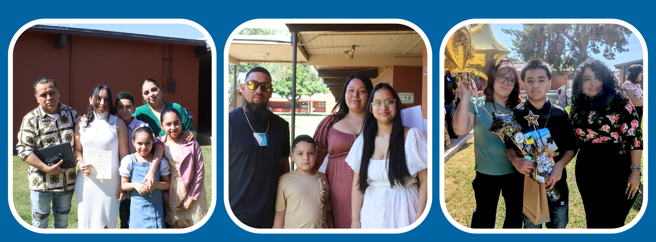 3 pictures, students and their families celebrating on their 8th grade promotion day