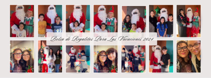 The photo is 14 pictures of various students standing in front of santa and smiling. The text reads Holiday Goodie Bag Drive through 2024 in Spanish.