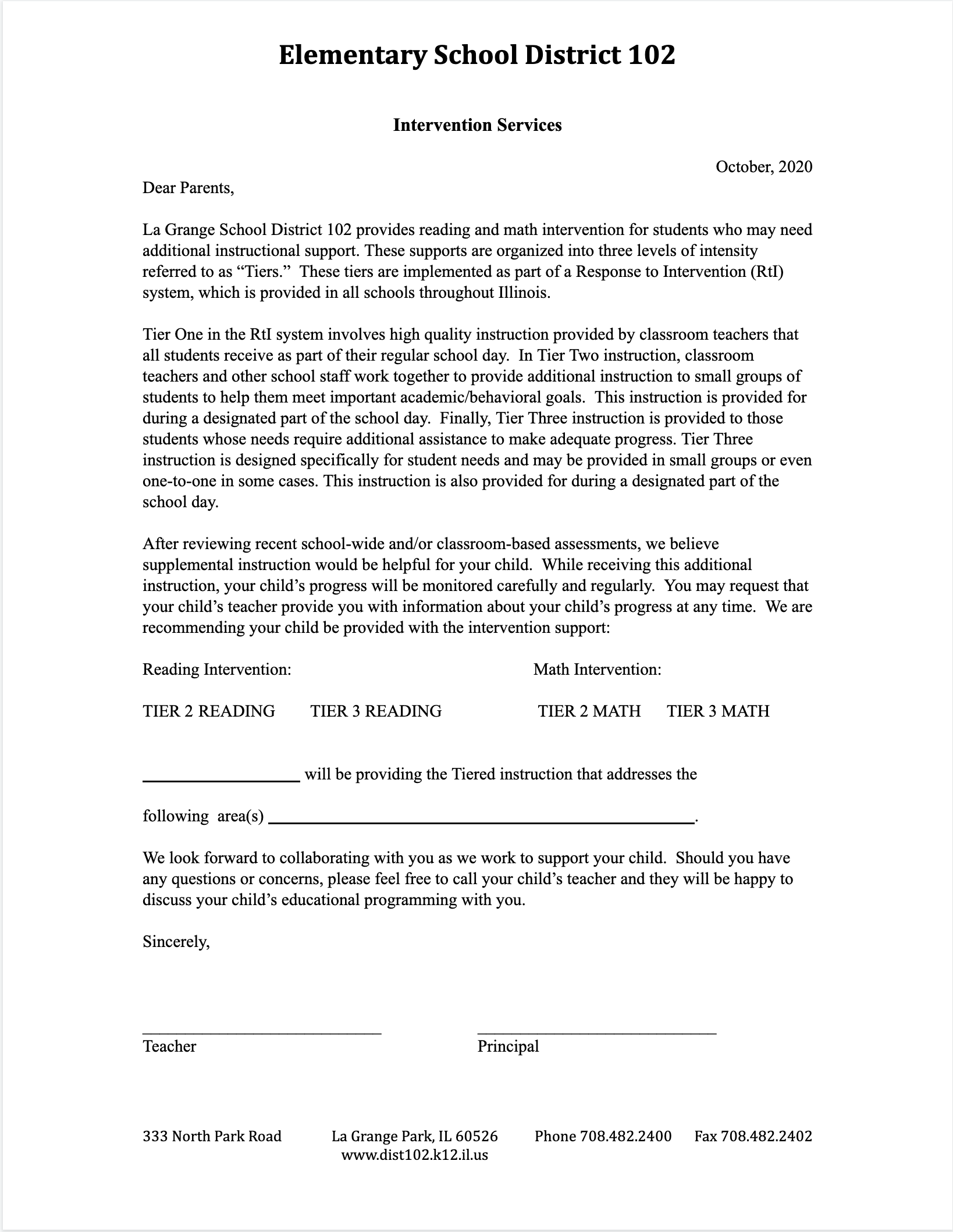 Intervention Parent Letter