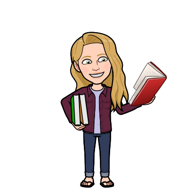 Bitmoji of Mrs. Parrish holding an open book in one hand and two books under her other arm.