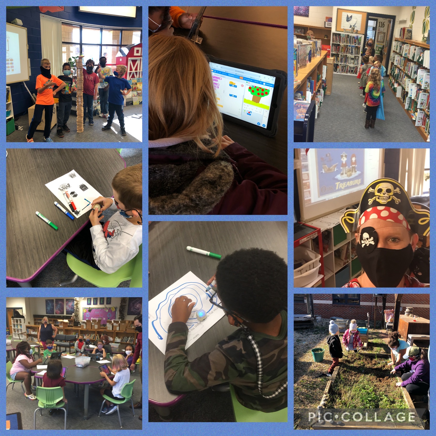 Collage of pictures showing students in the library getting books, using iPads, and using Ozobots.