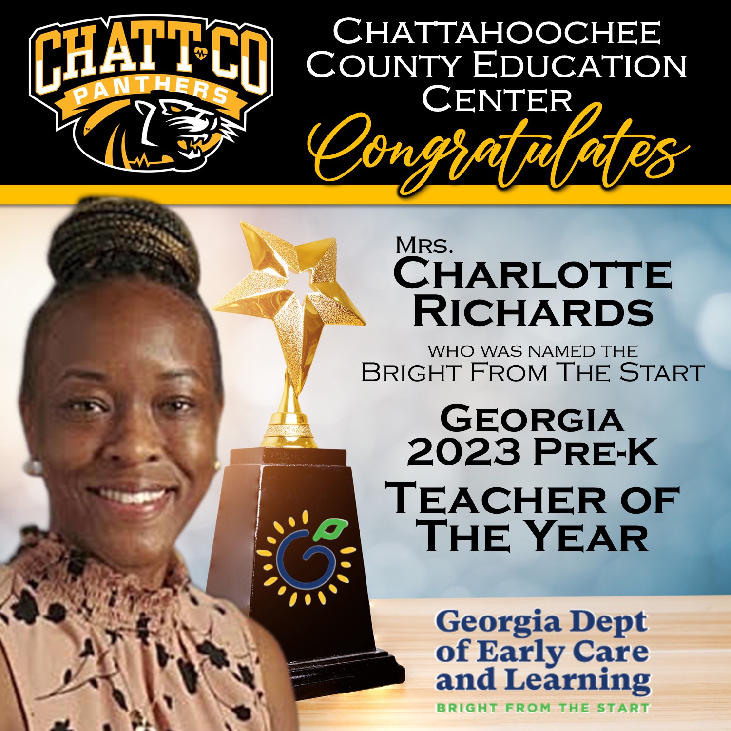 CCEC Congratulates Mrs Charlotte Richards who was named the Bright from the Start Georgia 2023 Pre-K Teacher of the Year. Georgia Dept of Early Care and Learning.