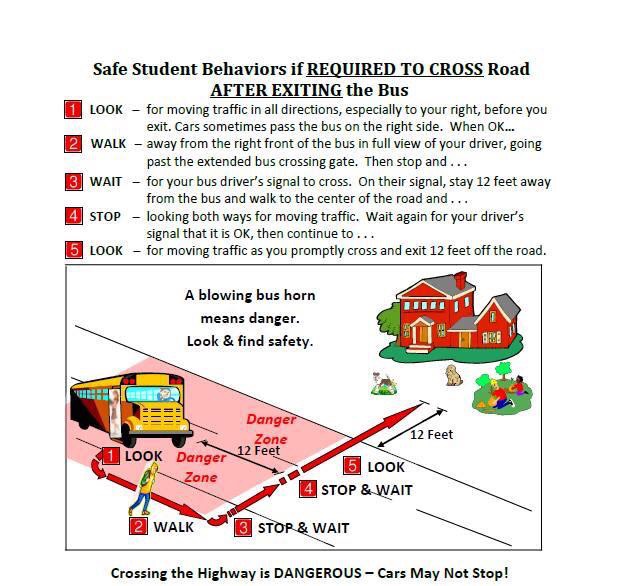 SAFE STUDENT BAHAVIORS IF REQUIRED TO CROSS ROAD AFTER EXITING THE BUS