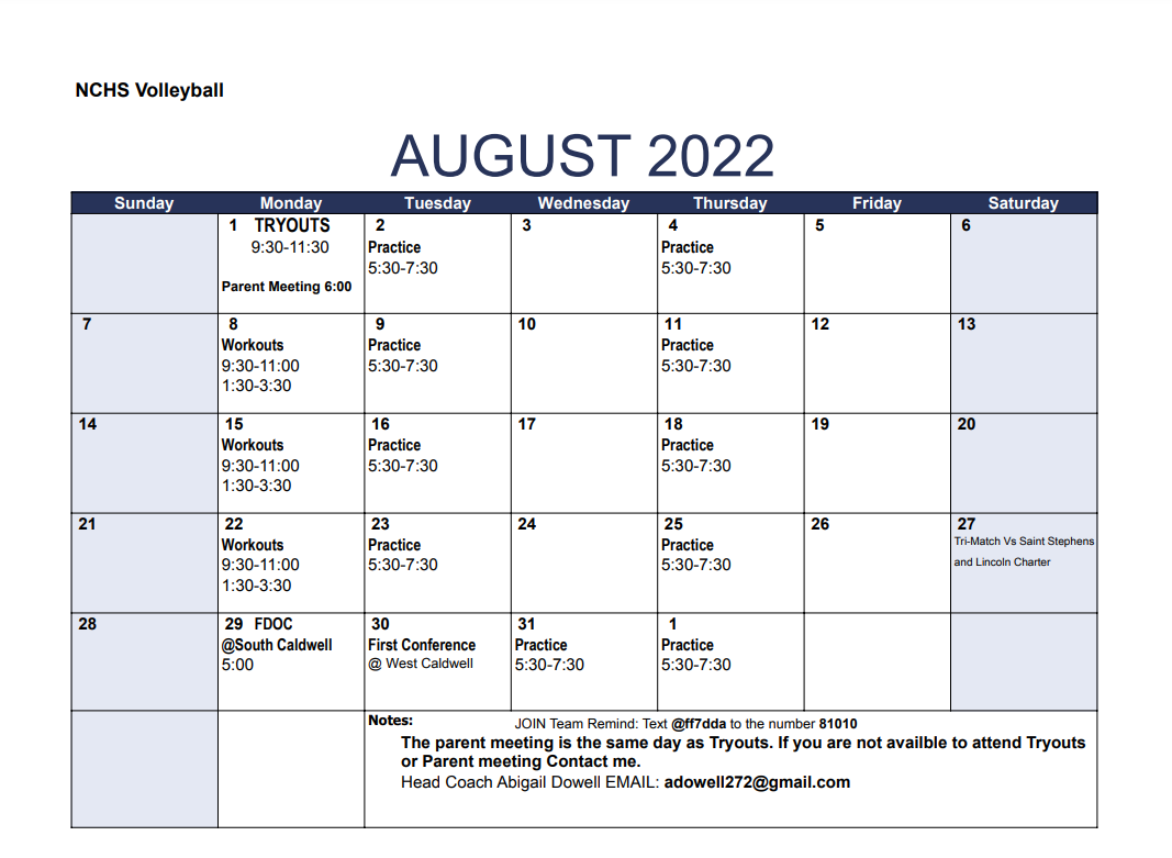 August Volleyball schedule