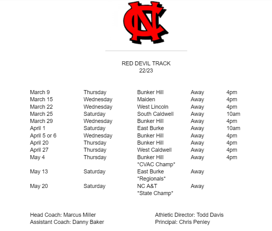 Track and Field schedule