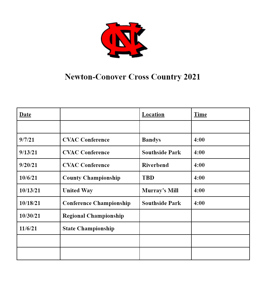 2021 Cross Country Schedule