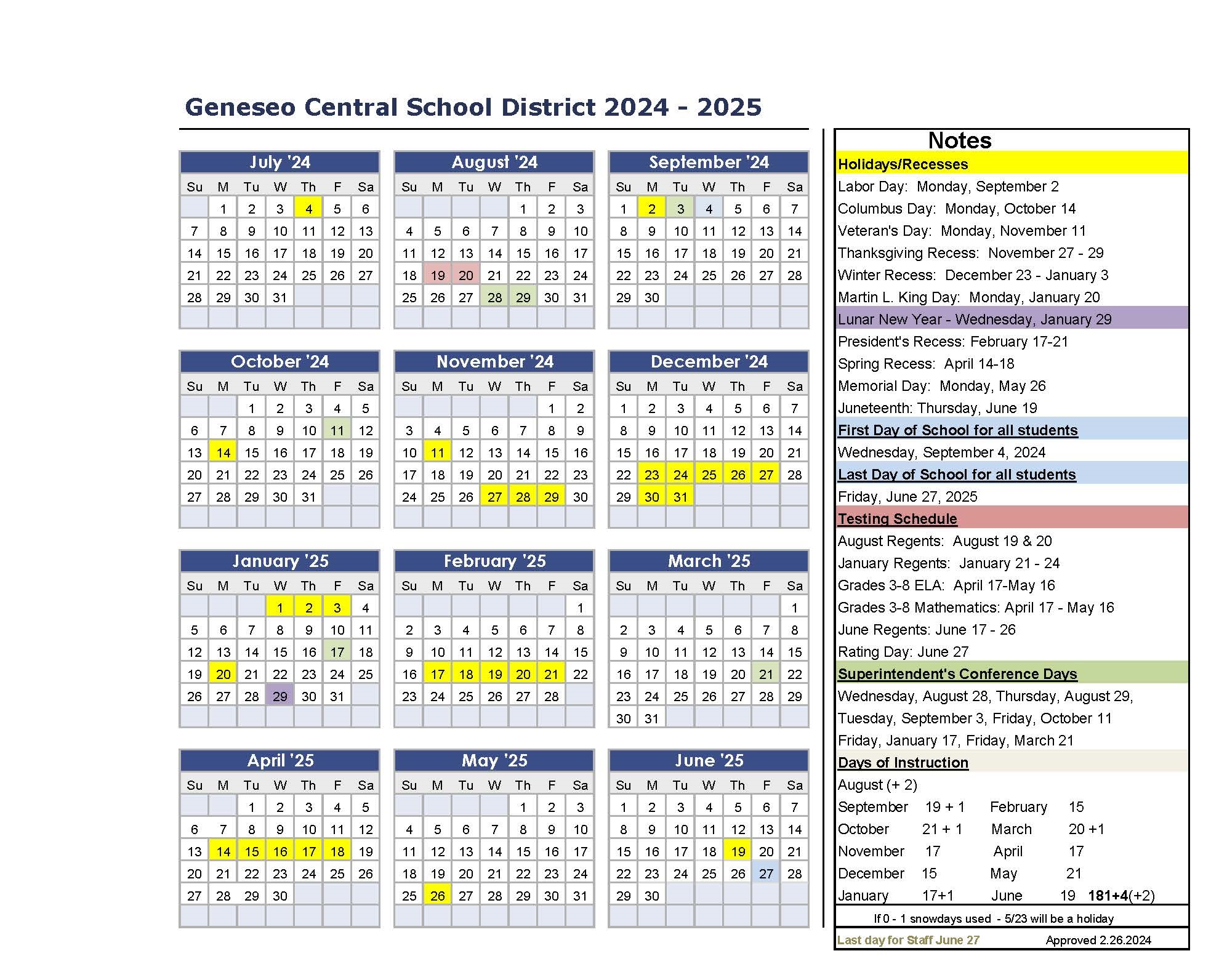 2024-2025 Instructional Calendar