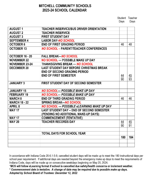 20232024 MCS School Calendar Mitchell Junior High School