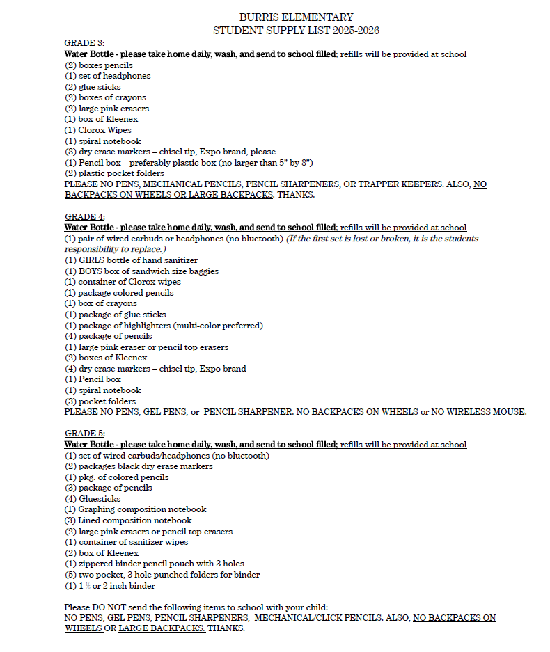 Burris Elementary Supply List