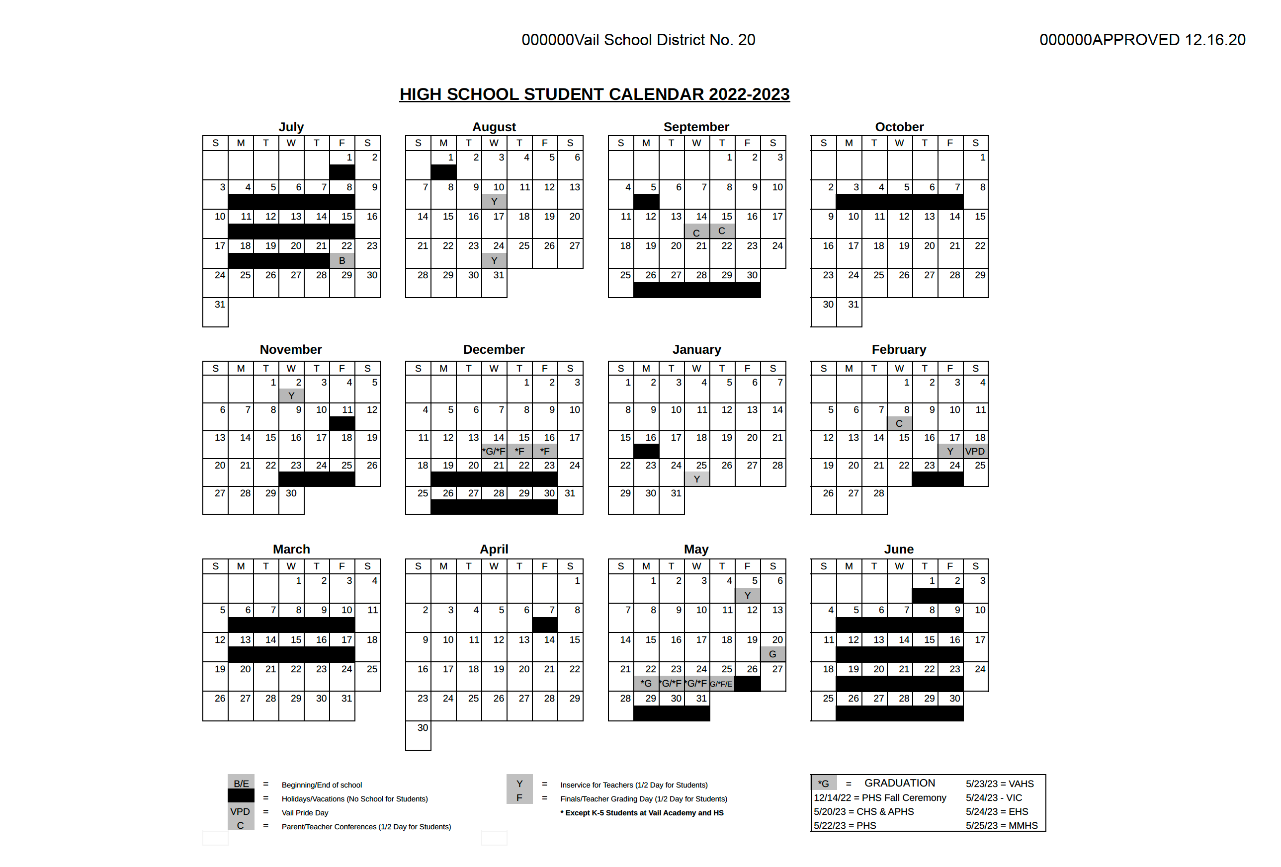 Vail School District Calendar 2022 and 2023