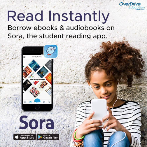 Photo advertisement for the Sora reader app, with a girl reading on her phone.