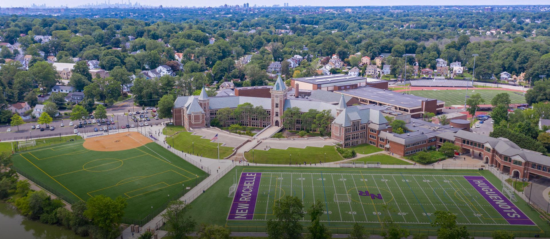 An aerial photograph of New Rochelle High School and its sports fields. 