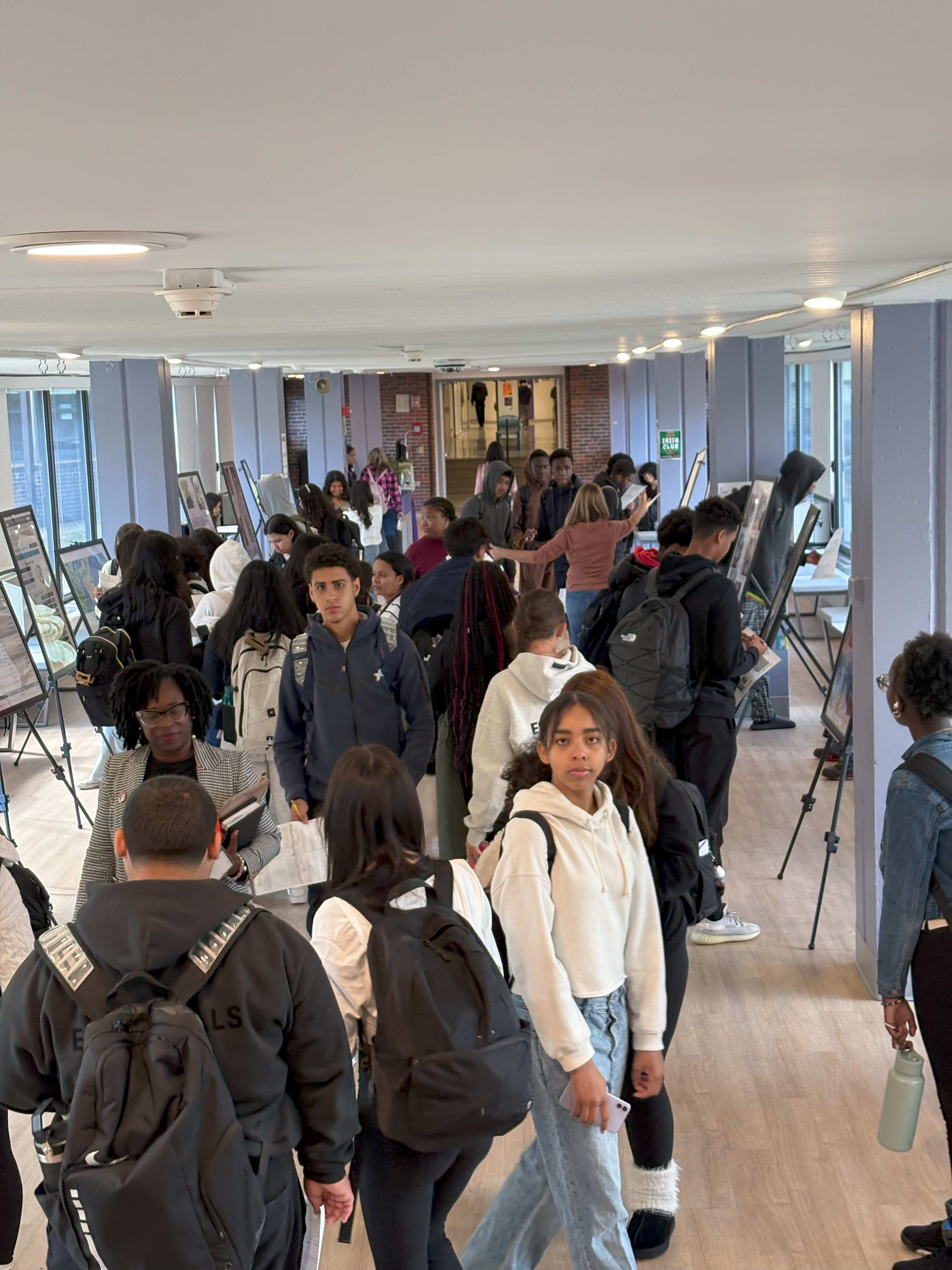 Students explore a gallery walk of posters depicting the history and contributions of the Hispanic community in New Rochelle