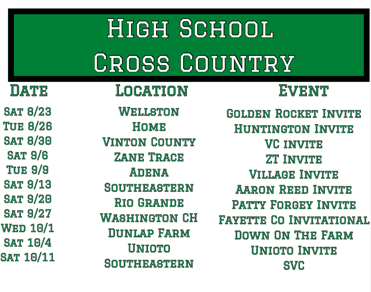 Cross Country Schedule