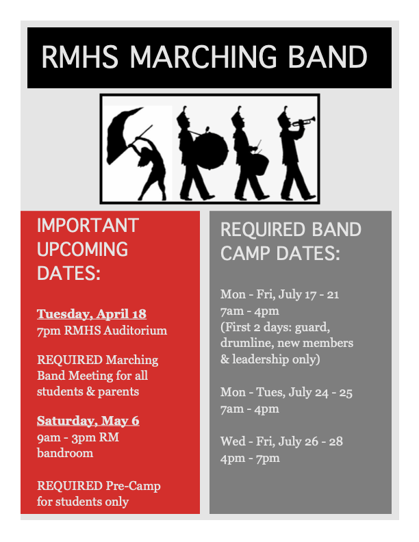 Marching Band Flyer featuring a group of 4 people in a band and important dates about camp