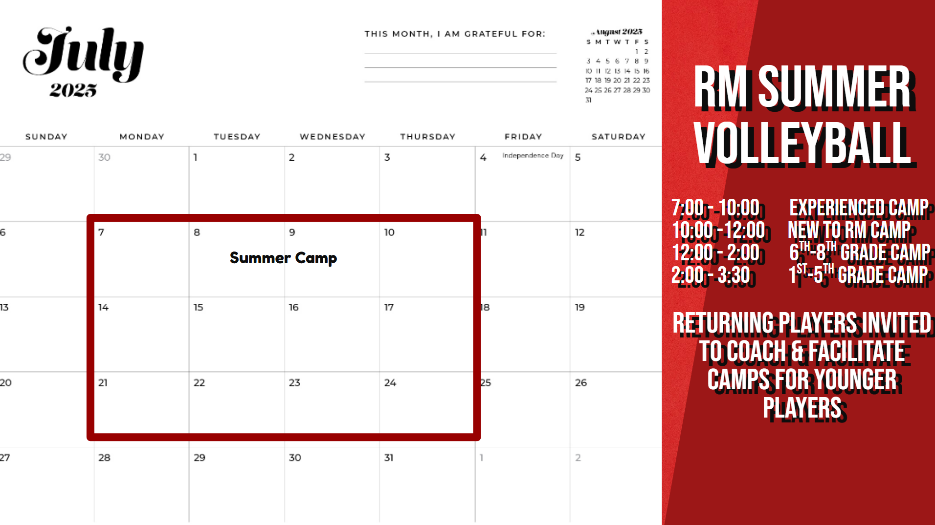 7:00 - 10:00        Experienced Camp10:00 -12:00      New to RM Camp12:00 - 2:00        6th-8th Grade Camp2:00 - 3:30  	      1st-5th grade Camp