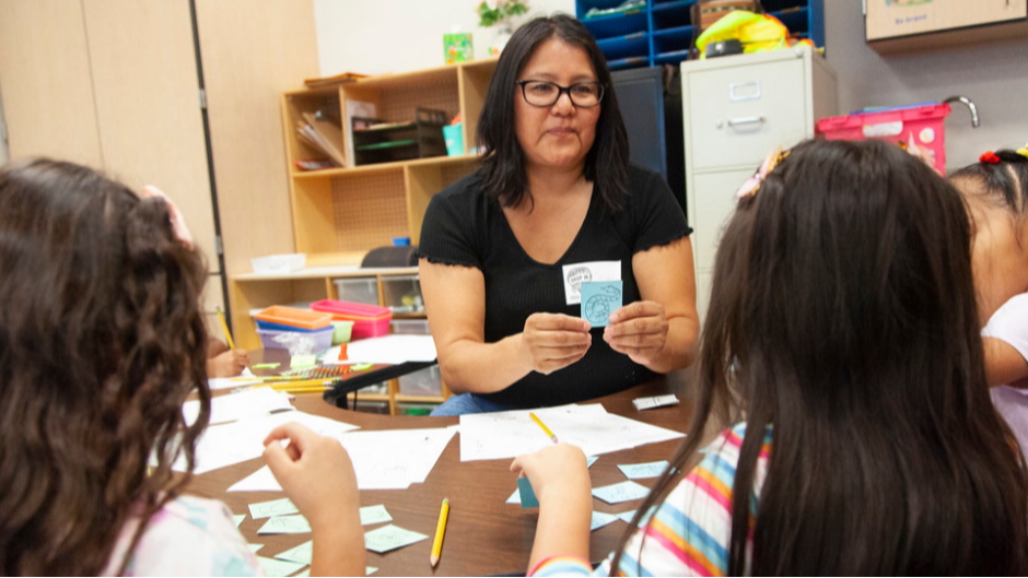 teacher working with three students with papers in front of them