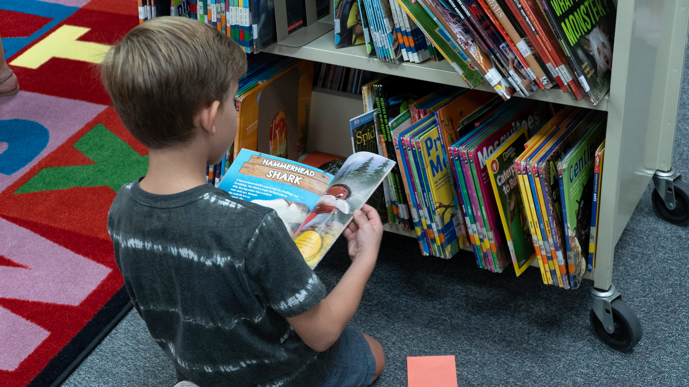 student sitting on floor looking at books on a cart