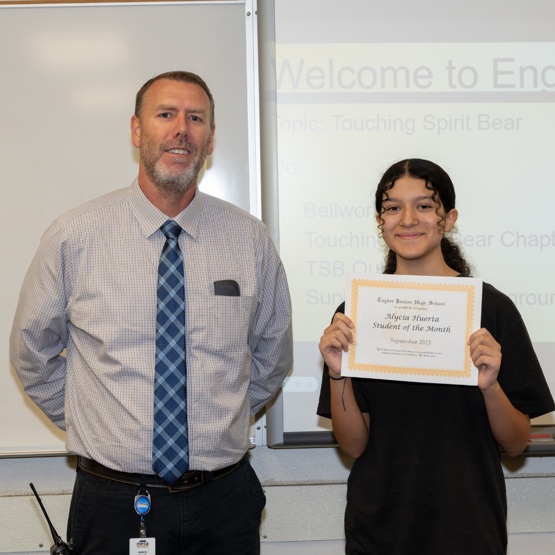 Alycia Huerta Student of the Month September 2023 with Principal Arnette