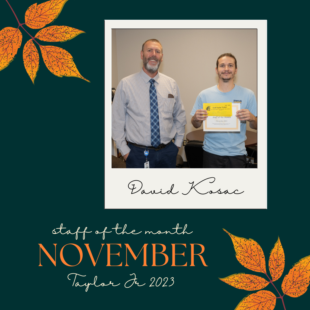November staff member of the month, David Kosac with Principal Arnett