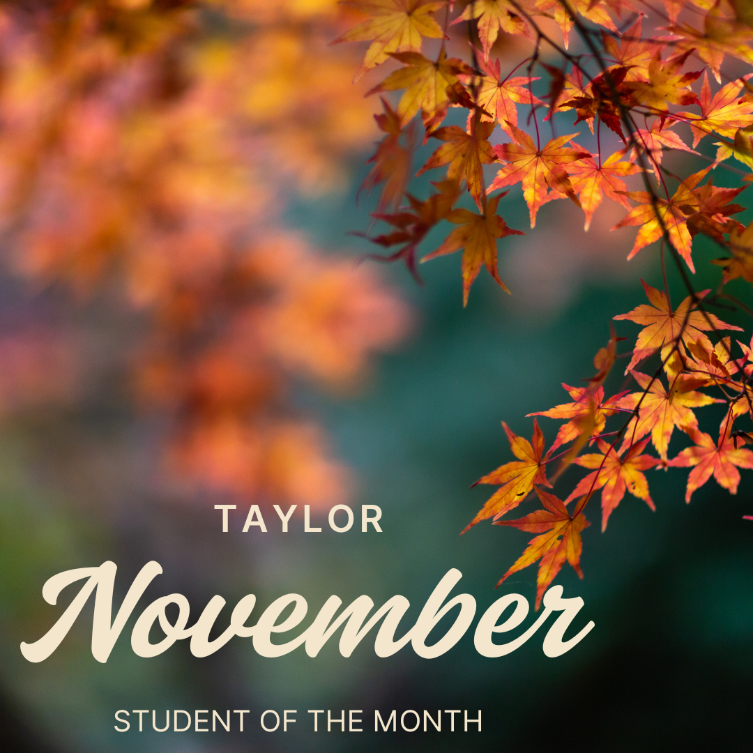 Taylor November Student of the Month, orange and red maple leaves