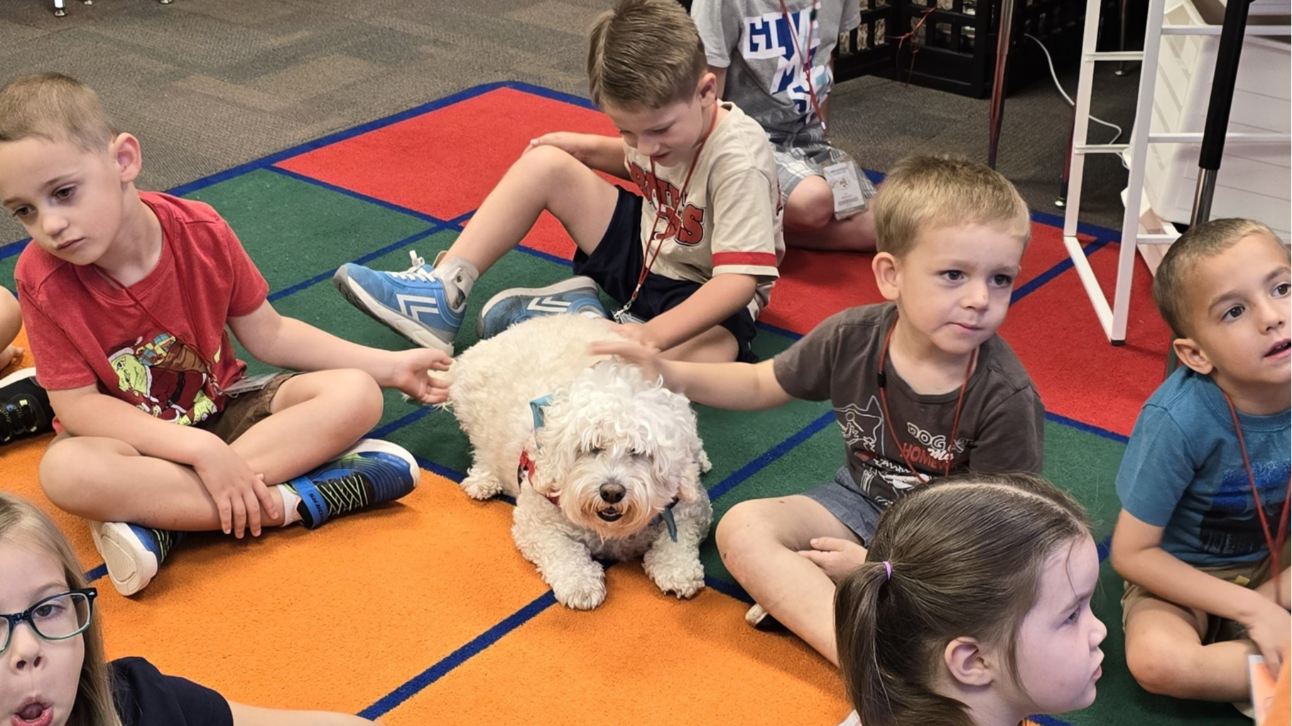 students sitting on the floor petting a dog