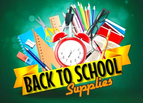 Miscellaneous school supplies with a banner that says Back to School Supplies