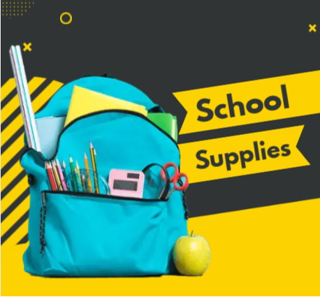 Decorative image with a backpack holding school supplies and a banner that says School Supplies