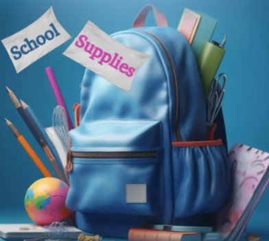 Decorative image of backpack with miscellaneous school supplies and a banner that says School Supplies.