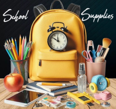 Decorative photo of lots of different school supplies that says, "School Supplies,"  above the backpack.