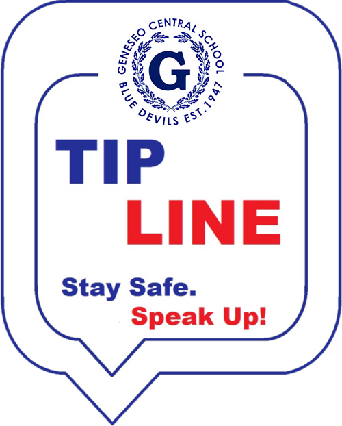 School logo in text box with text: Tip Line, Stay Safe. Speak up!