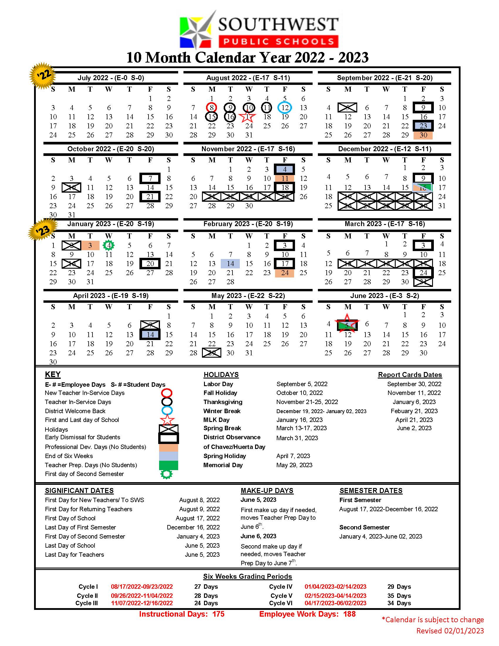 2022 - 2023 Academic Calendar