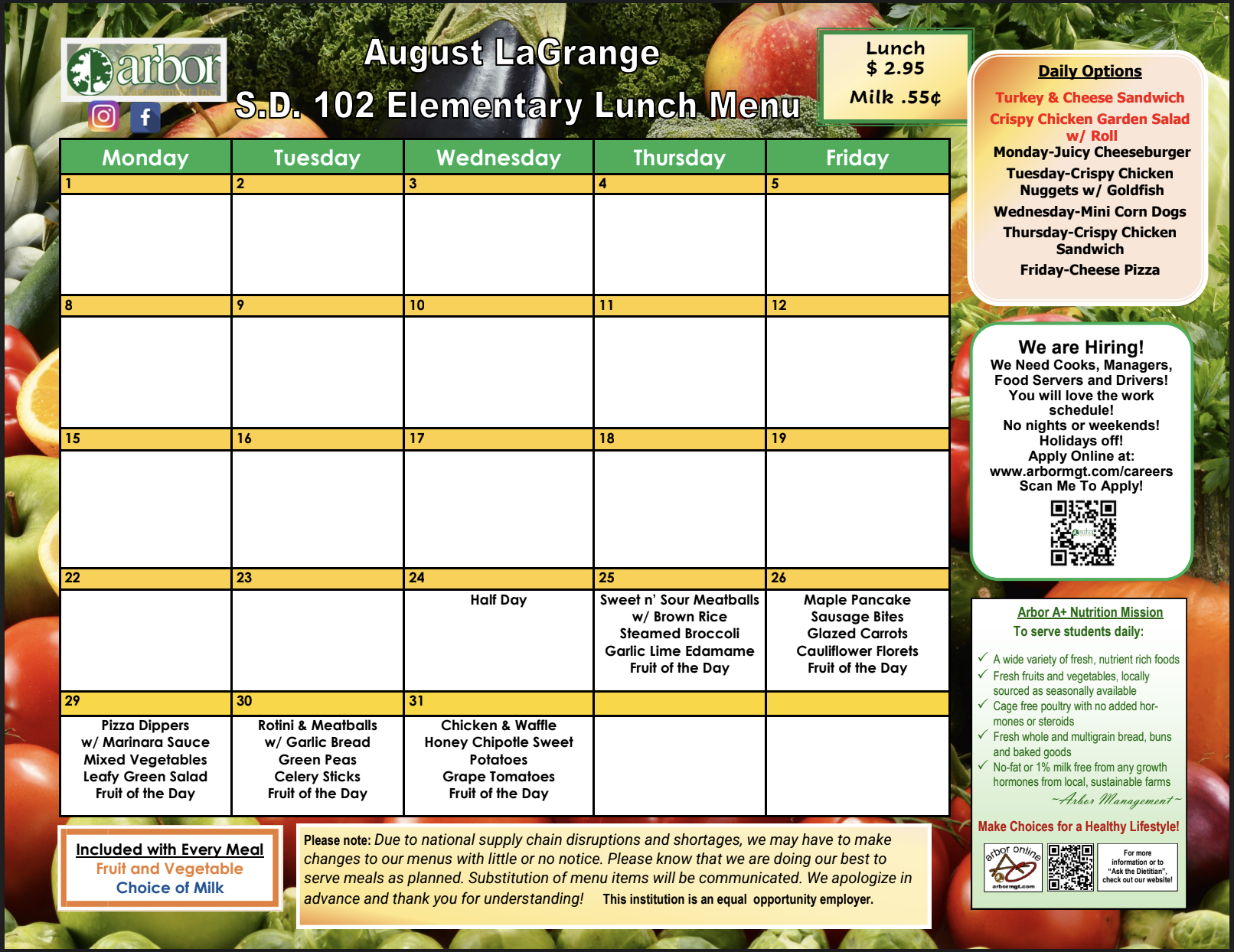 August 2022 Lunch Menu