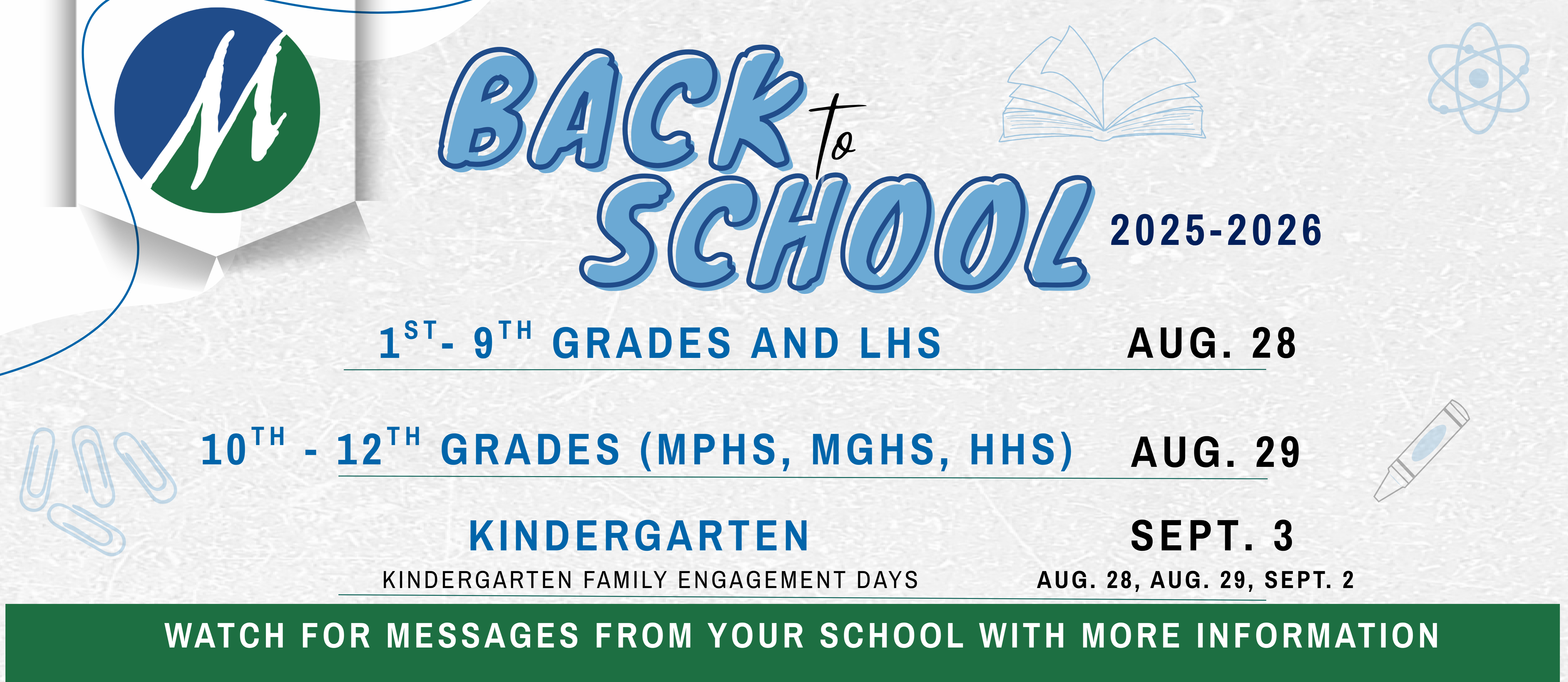 A blue and gray image shows the first days of school information for K-12