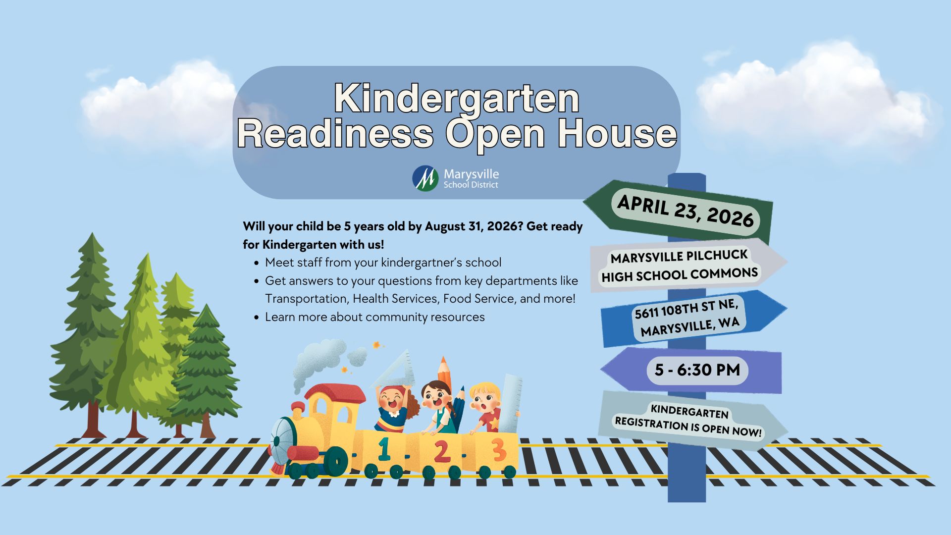 A whimsical image has information about Kindergarten Readiness Open House happening on April 23, 2026. The image is train themed. 