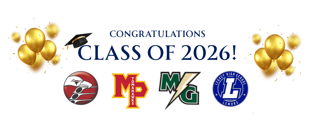 A white image says Congratulations Class of 2026! with the MSD high school logos and some gold balloons
