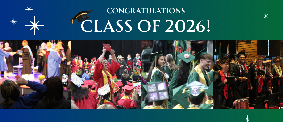 A blue and green image shows photos from 2026 graduation ceremonies