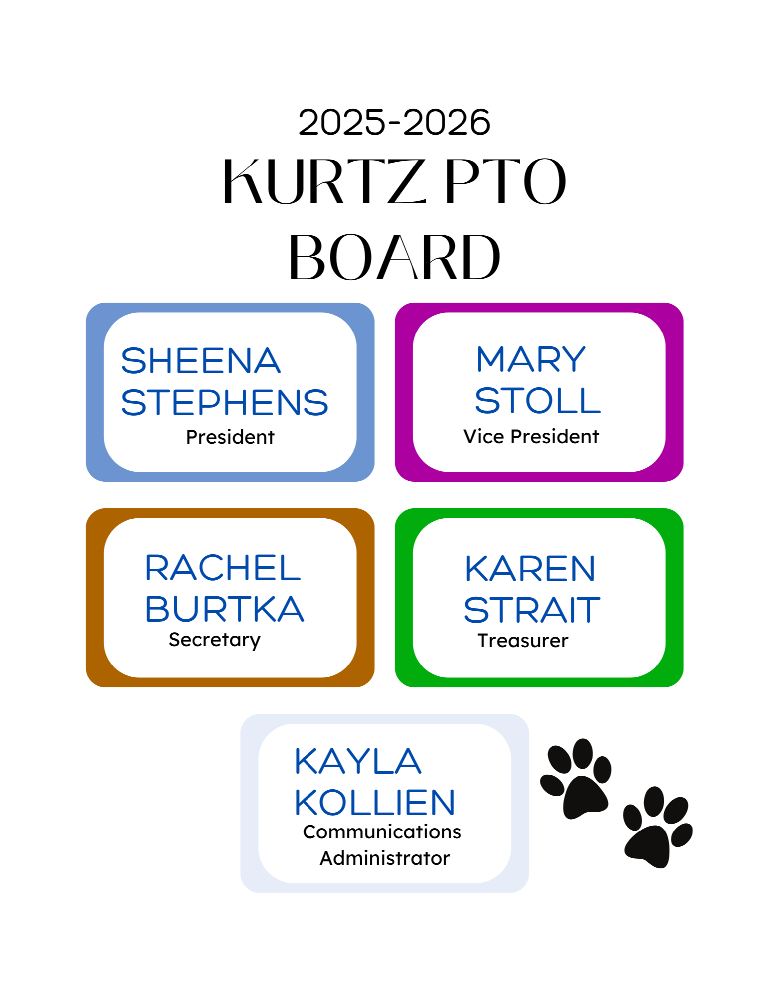 2025-2026 KURTZ PTO BOARD Sheena Stephens President Mary Stoll Vice President Rachel Burtka Secretary Karen Strait Treasurer Kayla Kollien Communications Administrator