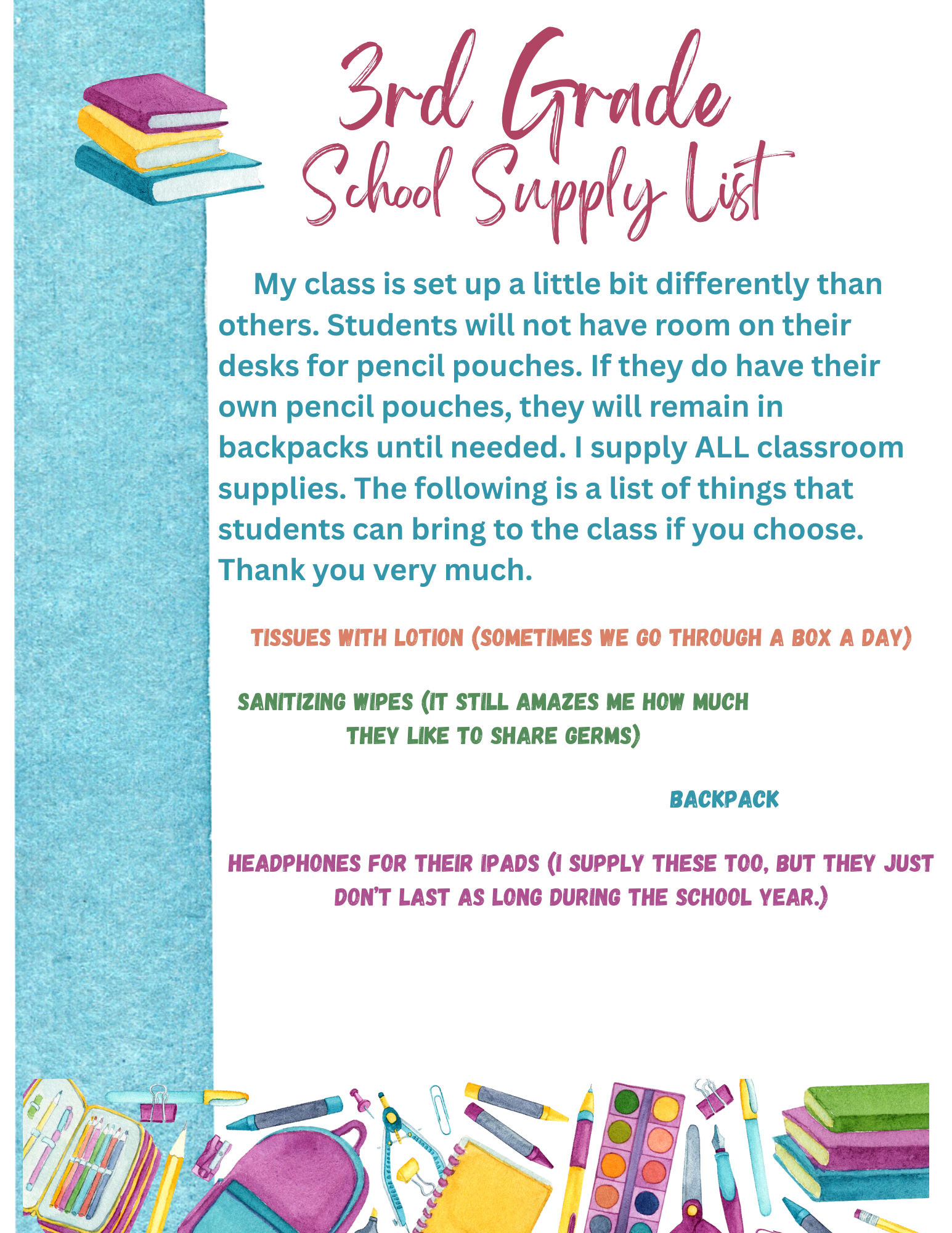 3rd Grade Donated School Supplies