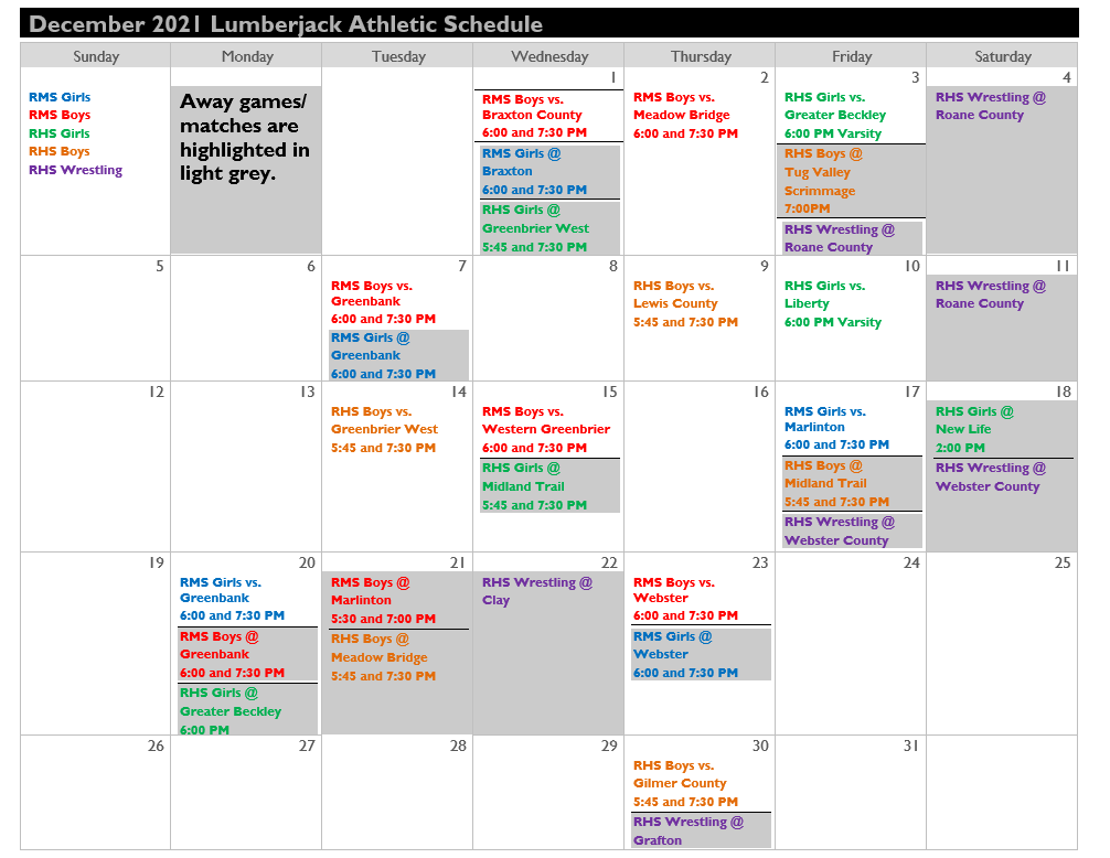 December Athletic Calendar