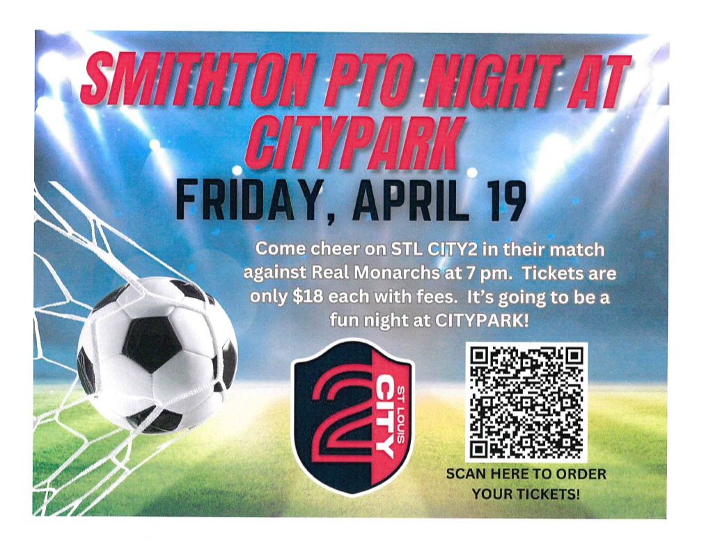 Smithton PTO night at citypark. Friday April 19th.  Come cheer on stl city2 in their match against real monarchs at 7:00 pm. tickets are $18 each with fees.  Its going to be a fun night at citypark.  scan here to order your tickets.