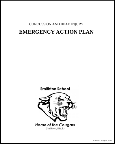 front page of concussion and head injury emergency action plan