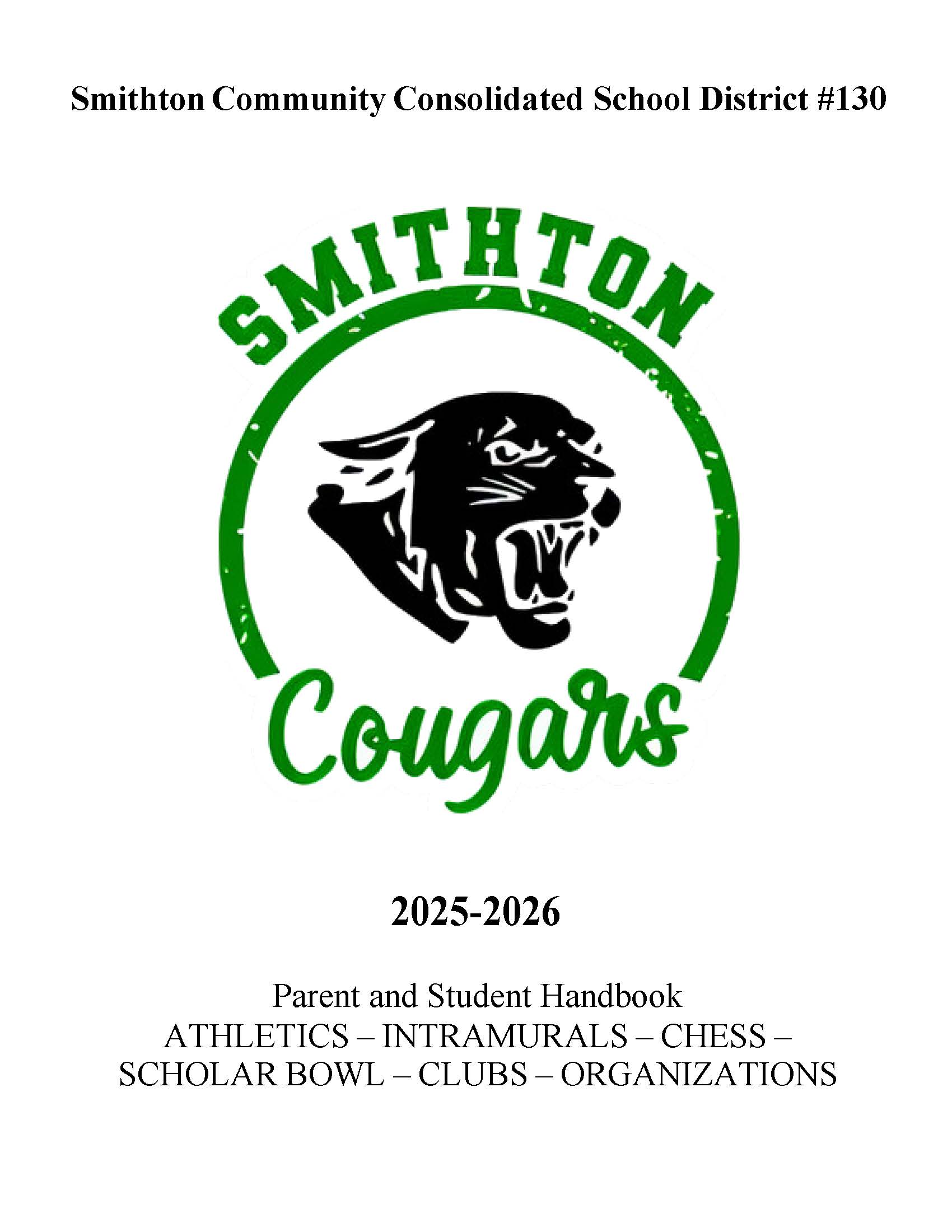 front page of smithton school 2023-2024 parent and student handbook. athletics, intramurals, chess, scholar bowl, clubs and organizations. 