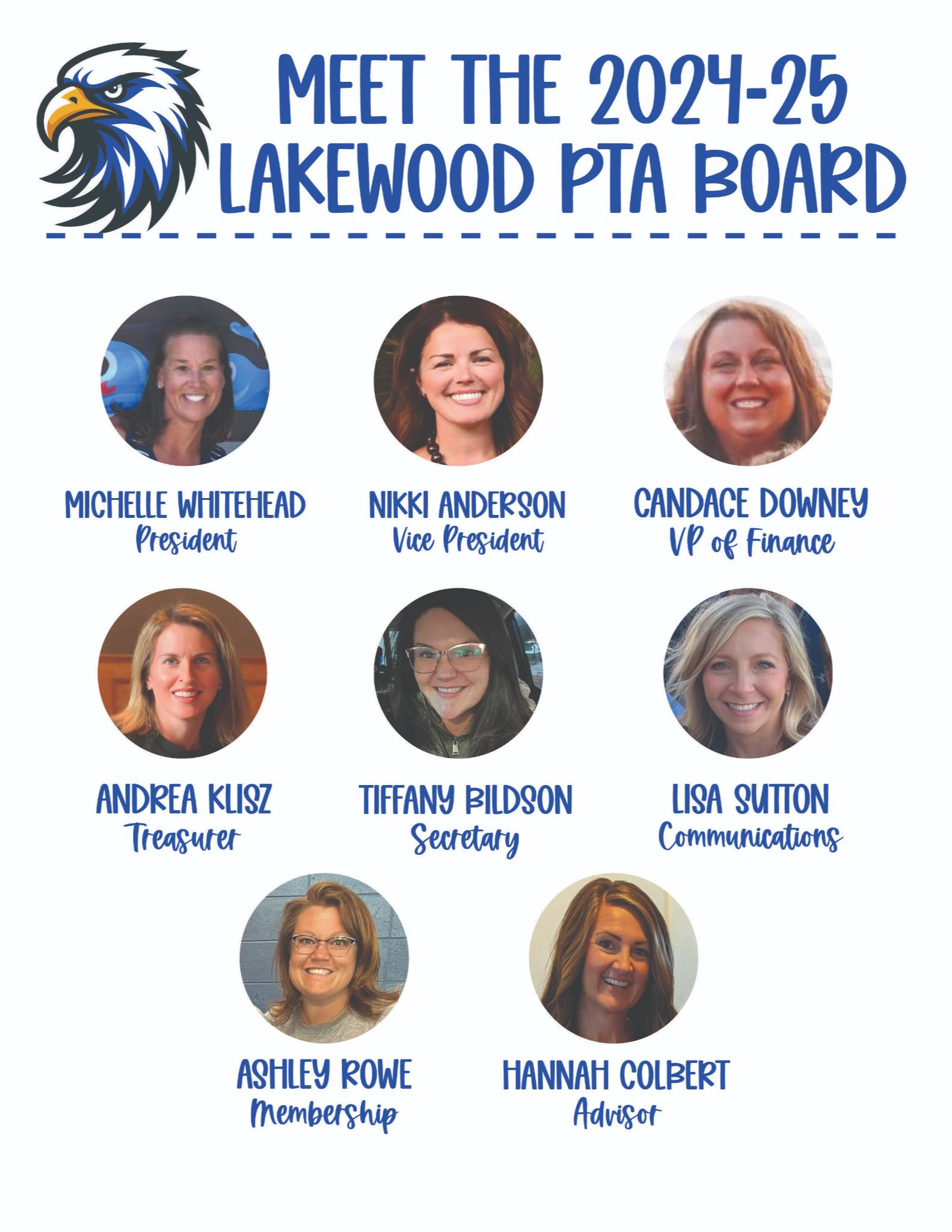 Meet the 2024-25 Lakewood PTA Board, Michelle Whitehead president, nikki anderson vice president, candace downey VP of finance, andrea klisz treasurer, tiffany bildson secretary, lisa sutton communications, ashley row membership, hannah colbert advisor