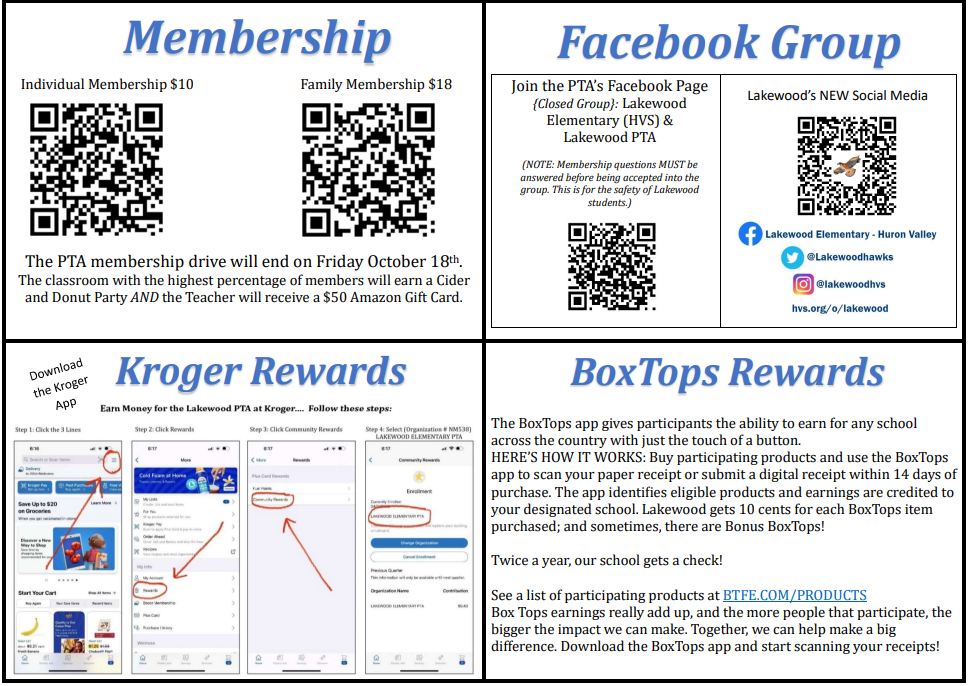 PTA membership, facebook group info, PTA kroger rewards, and boxtop rewards information