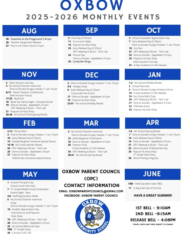 OPC monthly events for the 24-25 school year