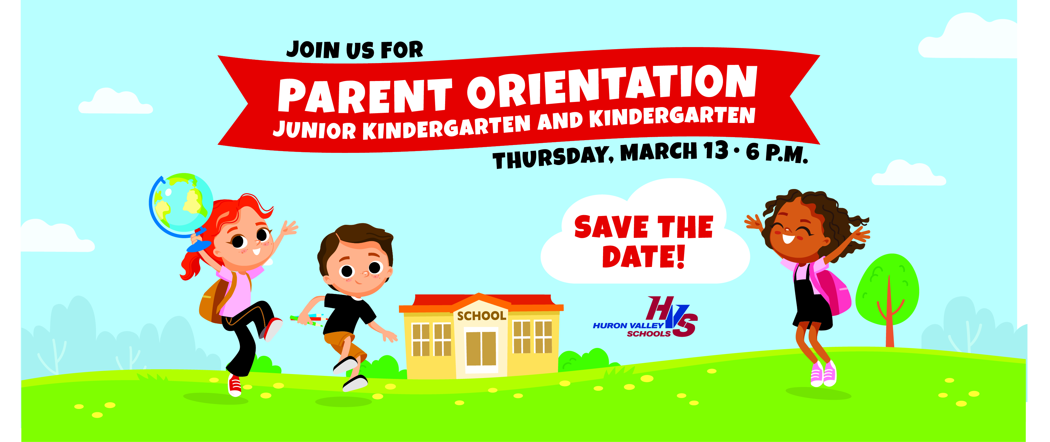 Colorful illustration promoting a parent orientation event for junior kindergarten, featuring happy children and a school building.