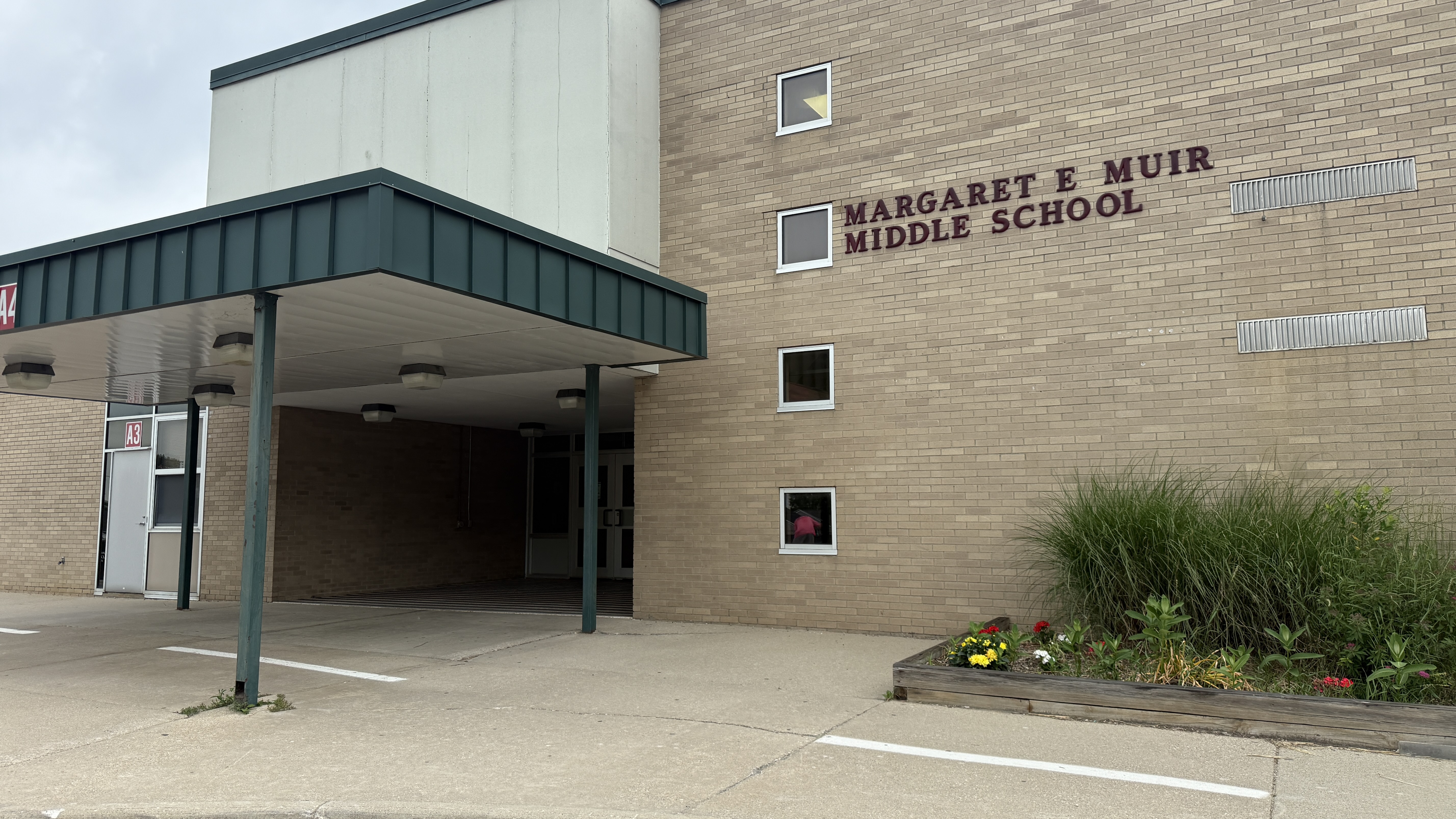 Exterior shot of Muir Middle School main entrance