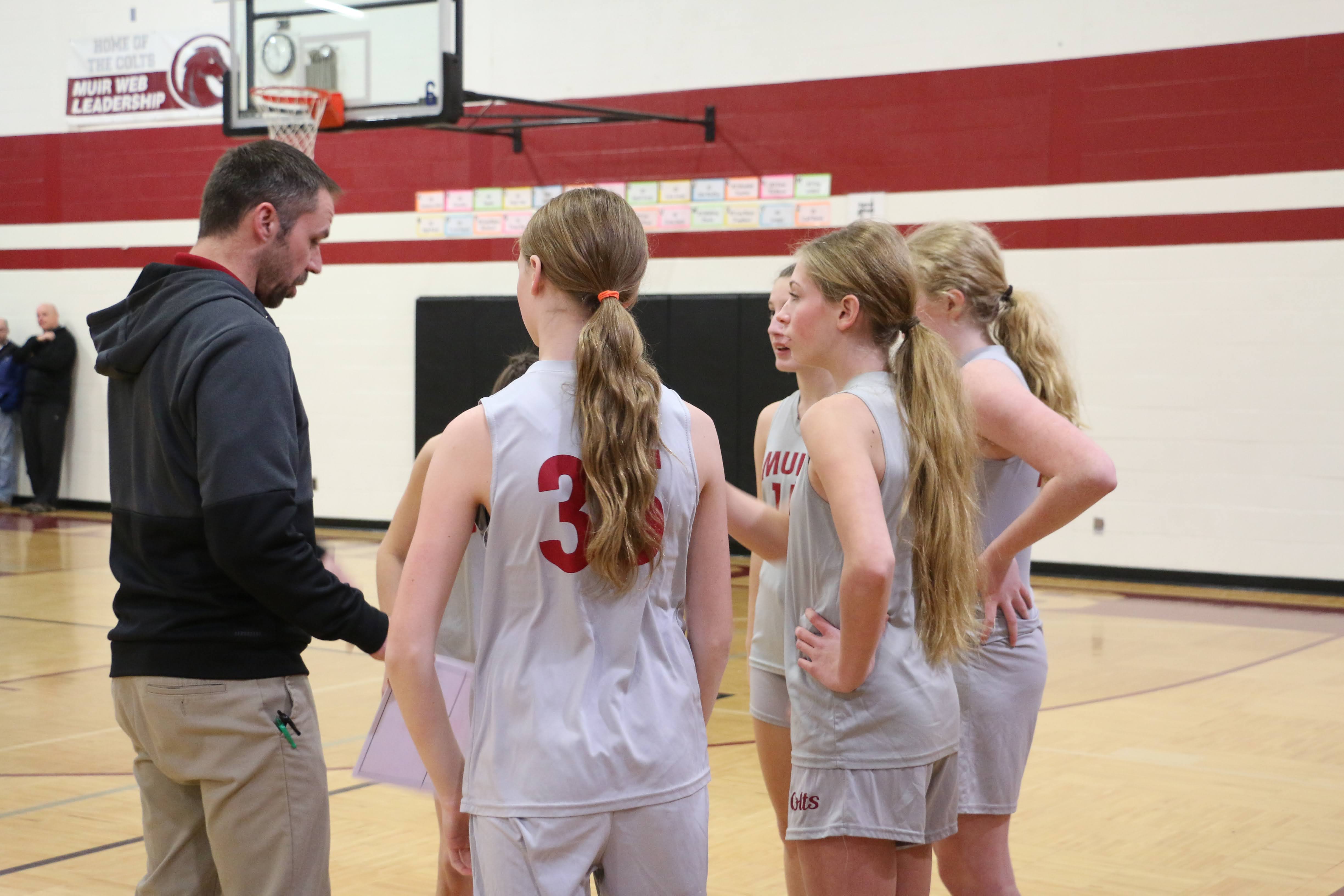 girl basketball players listening to coach on the sidelines